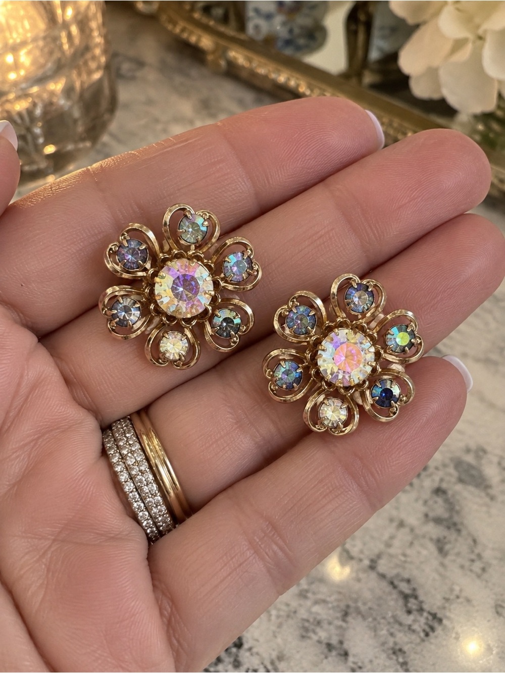 Vintage AB Rhinestone Flower Screw Back Earrings
